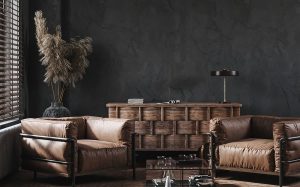 時尚的客廳配色方案與棕色皮革家具