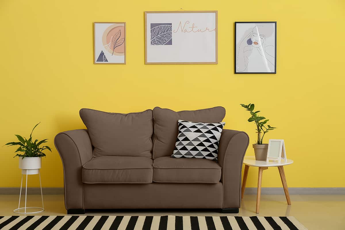 棕色沙發配黃色牆壁