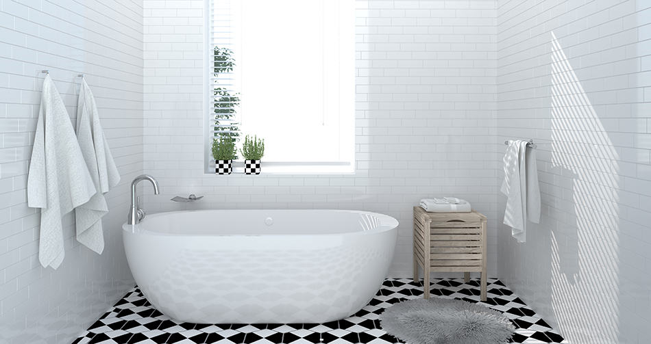 帶棋盤磚地板的現代浴室