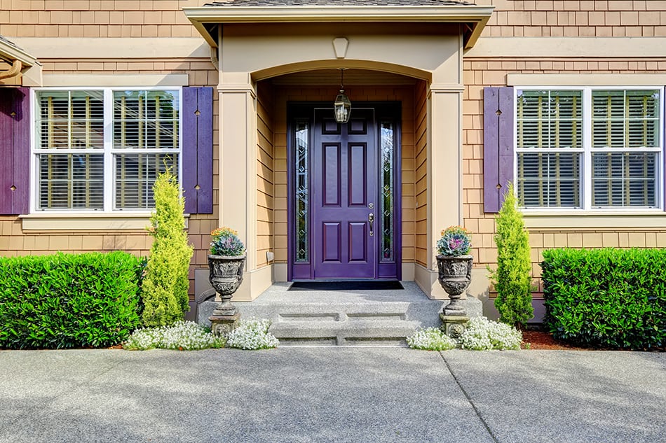 深紫色的前門在豪華房屋上欣賞一堂課