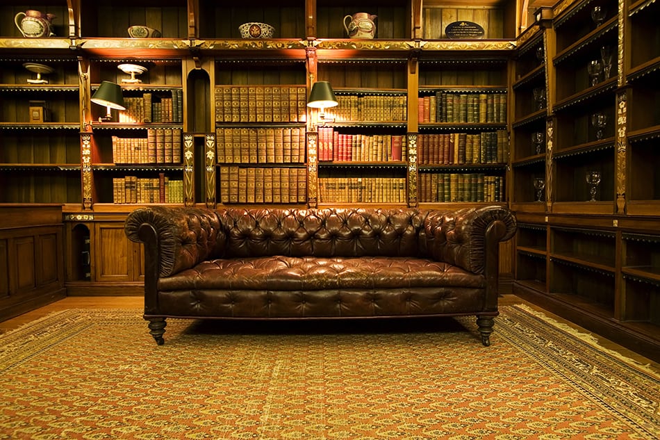 Showcase the Brown Leather Sofa with Bookshelves