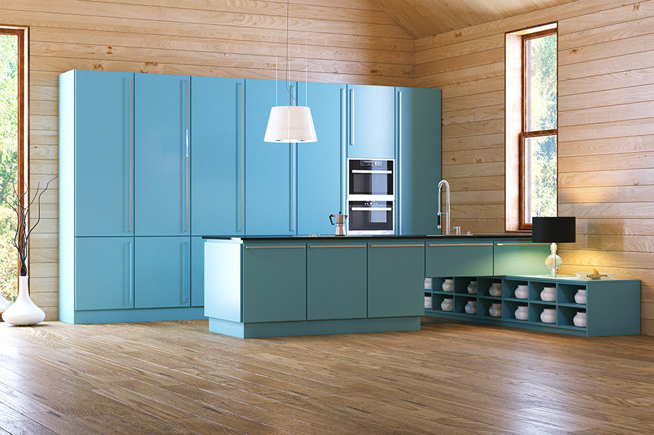 淺棕色廚房裏的藍色櫥櫃