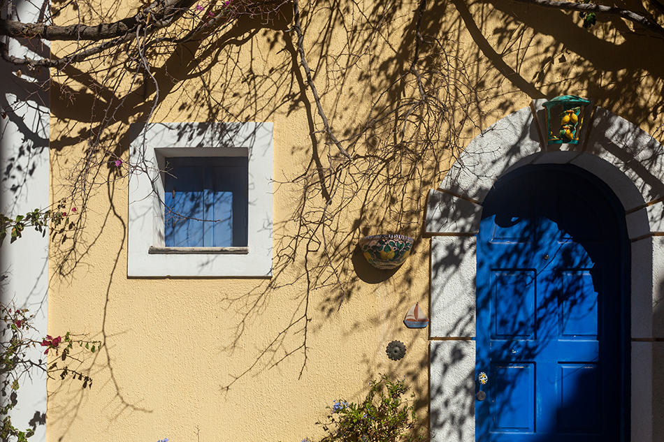 明亮的藍色前門和譚房子
