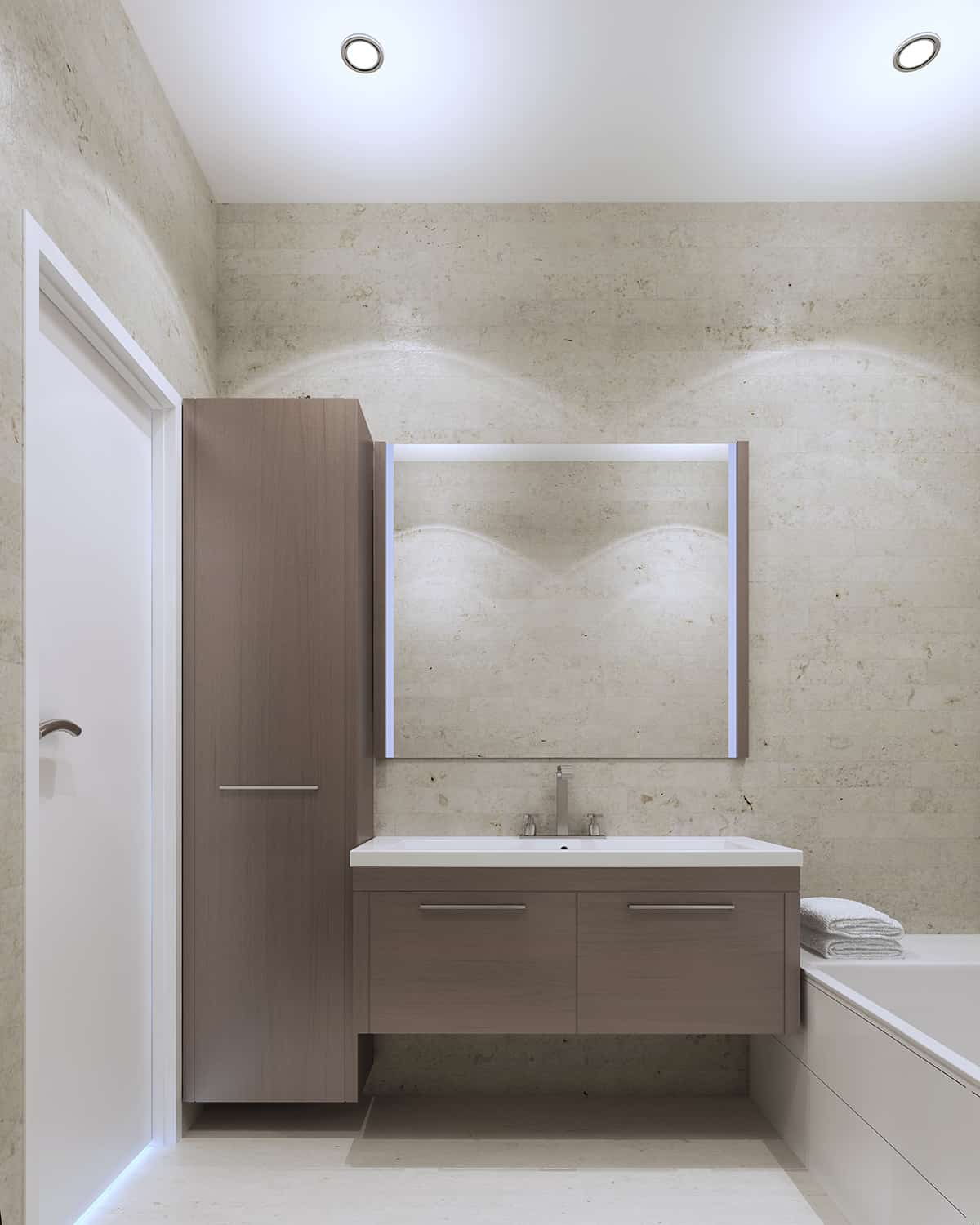 米色牆壁和深灰色浴室櫥櫃