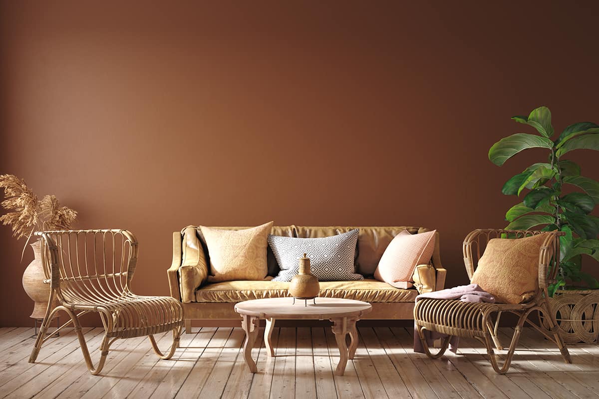 黃色的家具和棕色的牆